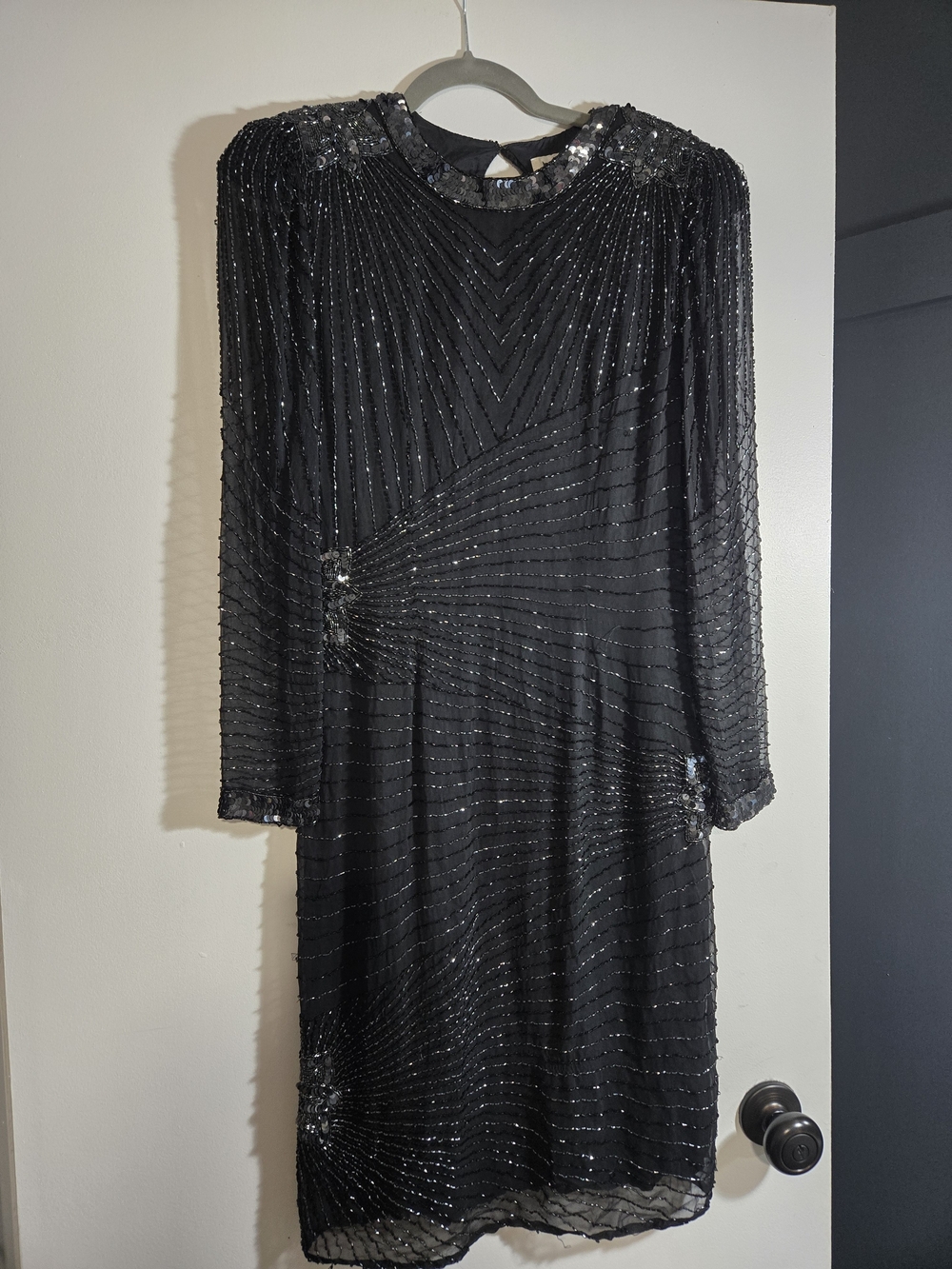 Vintage Niteline Black Beaded Silk Long-Sleeve Dress